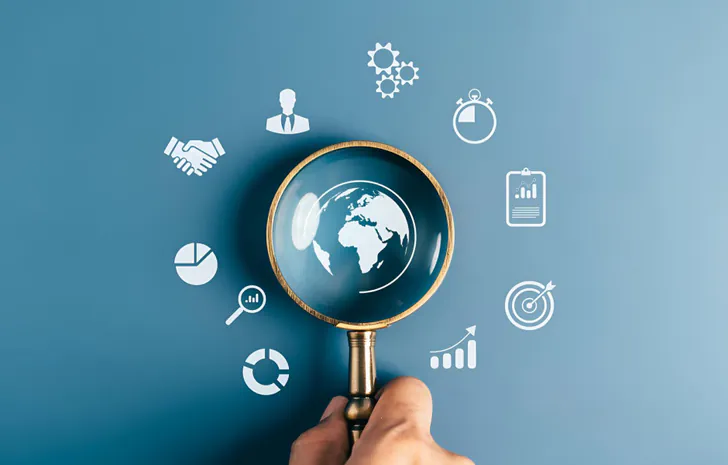 Magnifying glass focused on expertise, quality and security text in a document, highlighting their importance