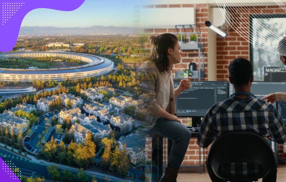 Silicon Valley coastline fades into office cutouts of programmers creating customized software solutions in California.