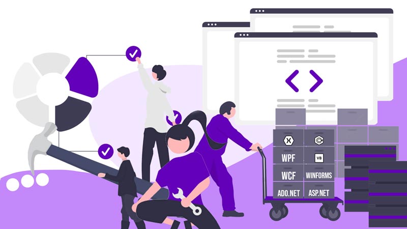 Developers using various tools, and programming languages from the .NET ecosystem to build diverse types of applications.