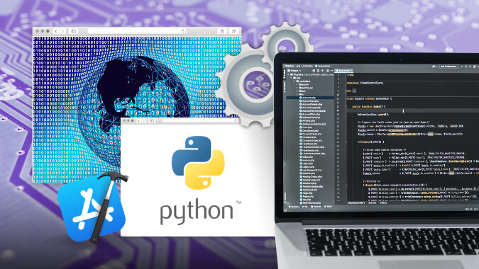Writing code and developing a software on a laptop using Python as the programming language and other tools and resources.