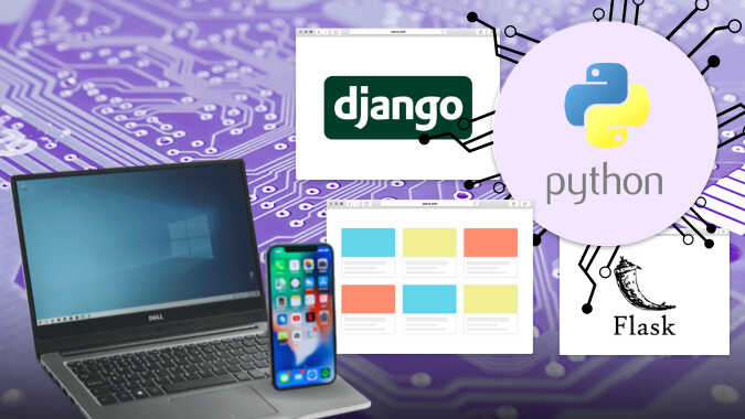 Python programming being used for building web apps to interface with databases and create APIs using Django and Flask.