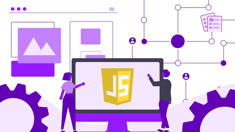 Developers using JavaScript and its frameworks to build a web project.