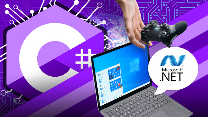 C# used for developing apps on the Microsoft platform and requiring the .NET framework for Windows to create apps and games.