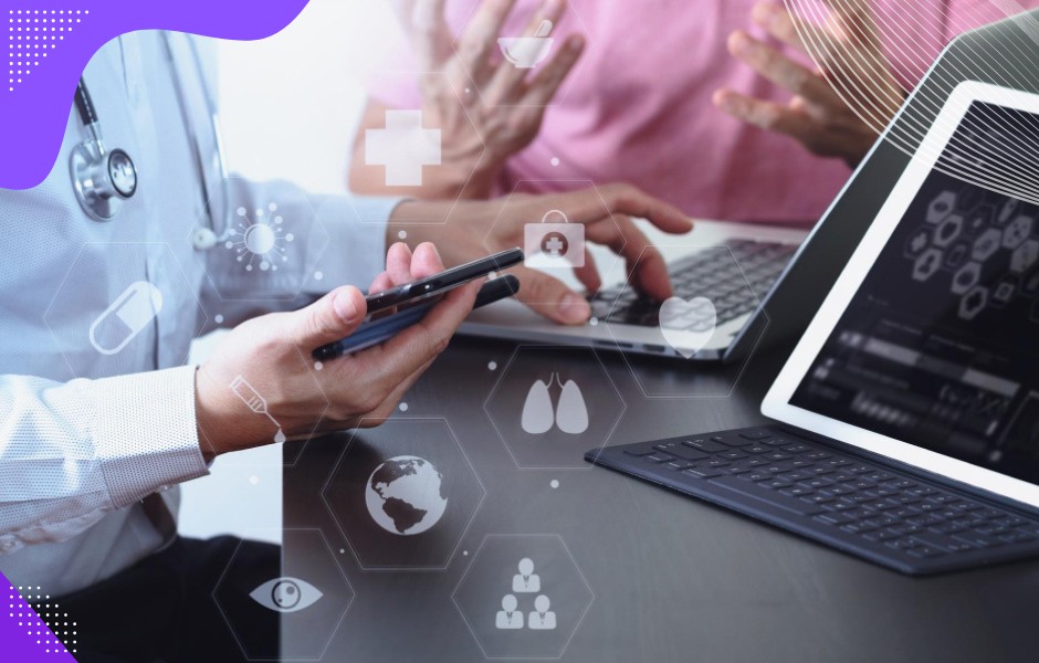 Medical professionals collaborating in real-time on a telehealth platform to coordinate patient care.