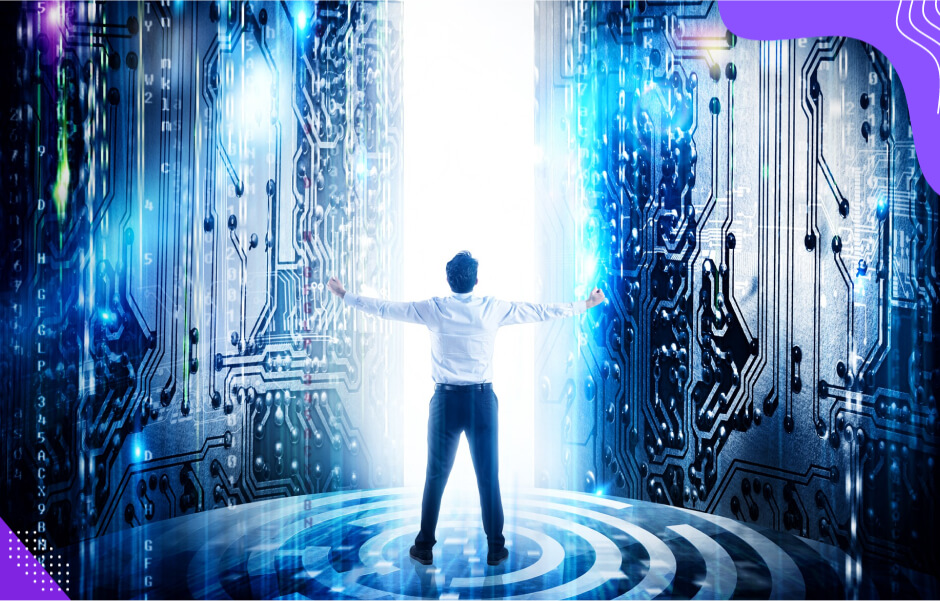A software development company architect uses Python to open a door to the future for a waiting client.