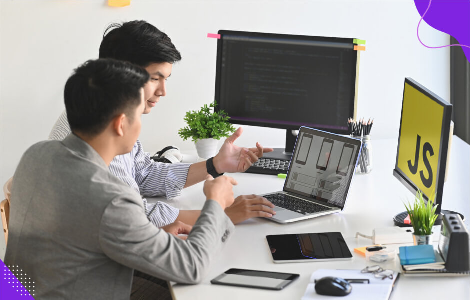 Developers testing and monitoring JavaScript application performance to ensure quality code and end user experience.