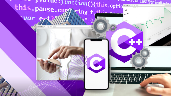 Employee using quick, highly functional, all-encompassing, and scalable C/C++-based business apps on laptop and mobile phone.