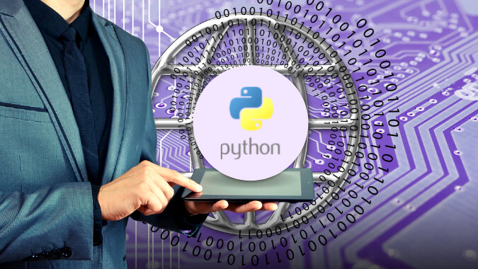 Man holding a tablet running an app built on Python to verify procedural, object-oriented, imperative, and functional tasks