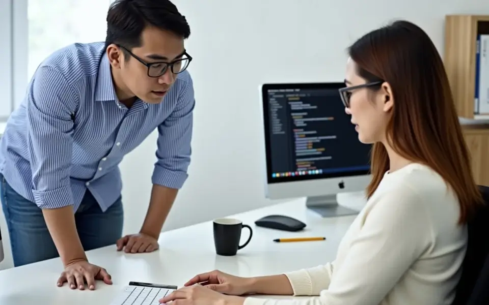 Two developers reviewing ASP.NET application code during a technical discussion