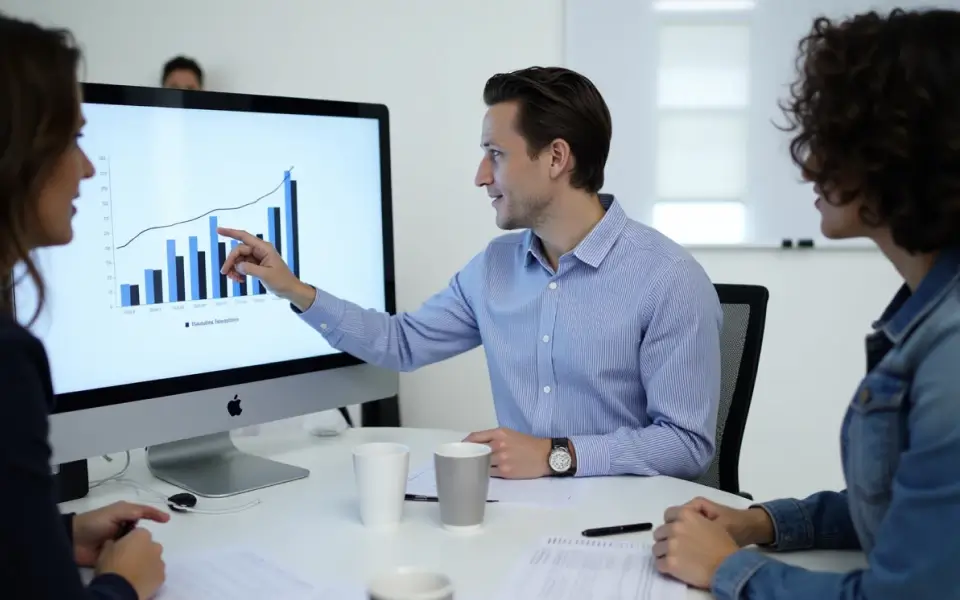 A businessman looking at charts comparing costs, time and productivity measure the success of outsourced ASP.NET projects.