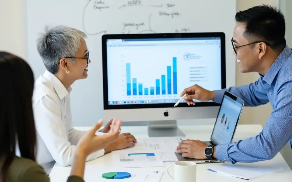 Manager and developers reviewing performance charts and project metrics on screen