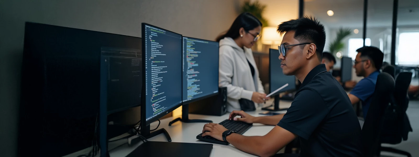 A programmer typing Python code on a laptop as his team transitions from legacy systems to Python for innovation.