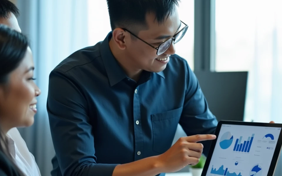 Manager reviewing metrics like productivity and defect rates to optimize the impact of custom Java application development.