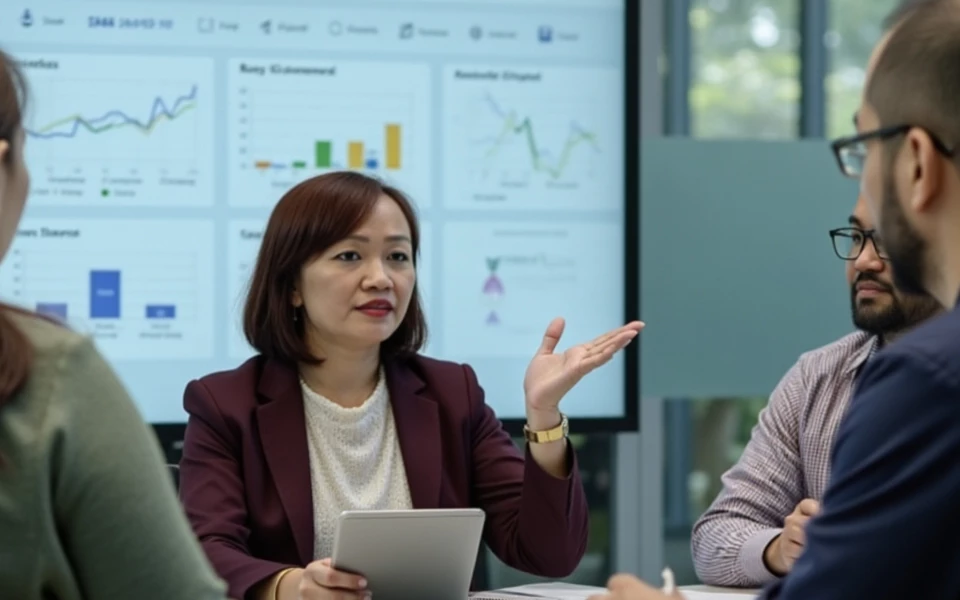 Manager reviewing metrics for reduced costs through partnering with Java developers on customized Java solutions.