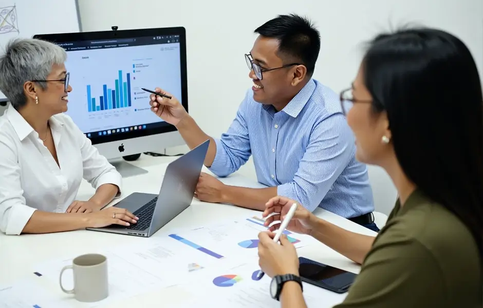 Technology leaders brainstorming how to consolidate legacy systems into a single dashboard application.