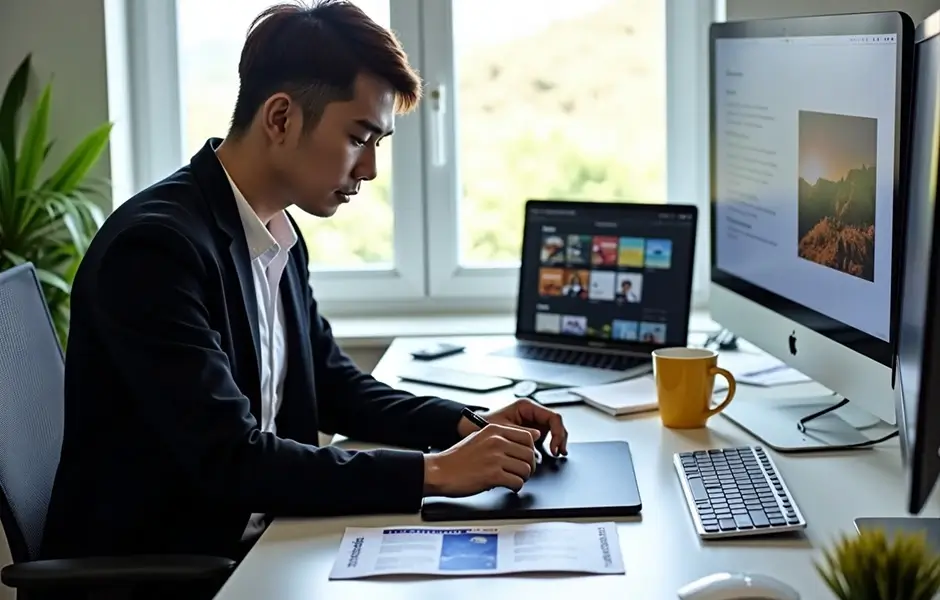 An entrepreneur giving a virtual demonstration of innovative features within a new property management software.