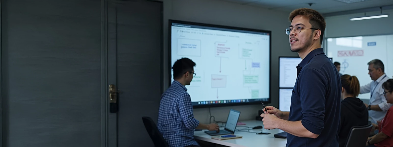 A programmer typing Python code on a laptop as his team transitions from legacy systems to Python for innovation.