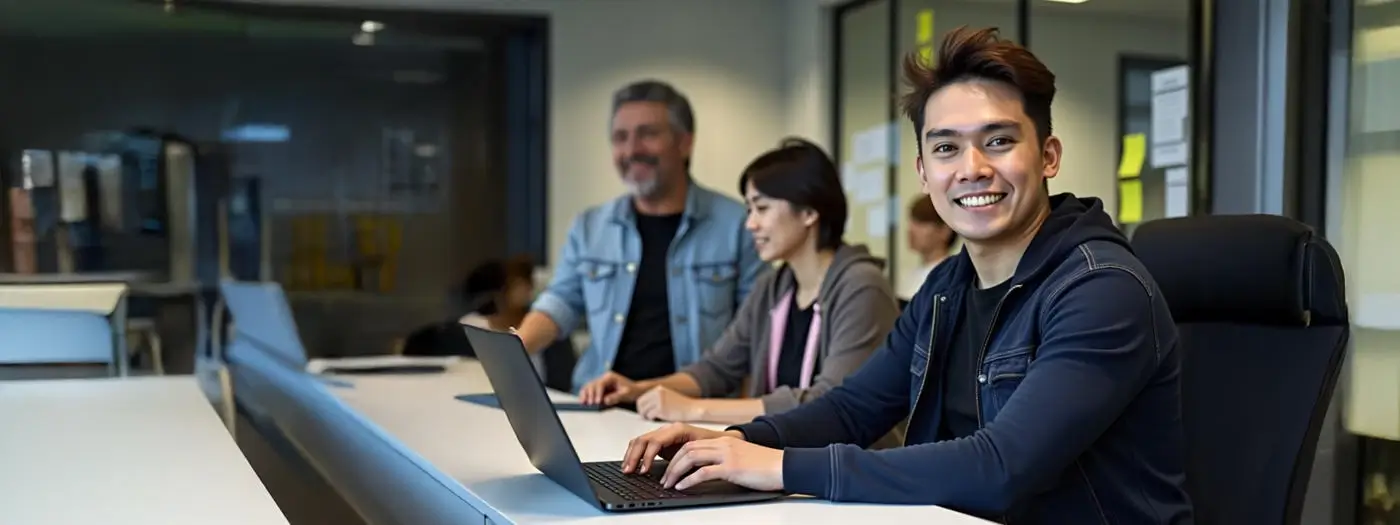 A programmer typing Python code on a laptop as his team transitions from legacy systems to Python for innovation.