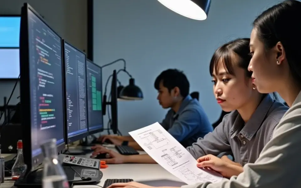 A group of developers using JavaScript to build versatile web and mobile apps with interactive features.