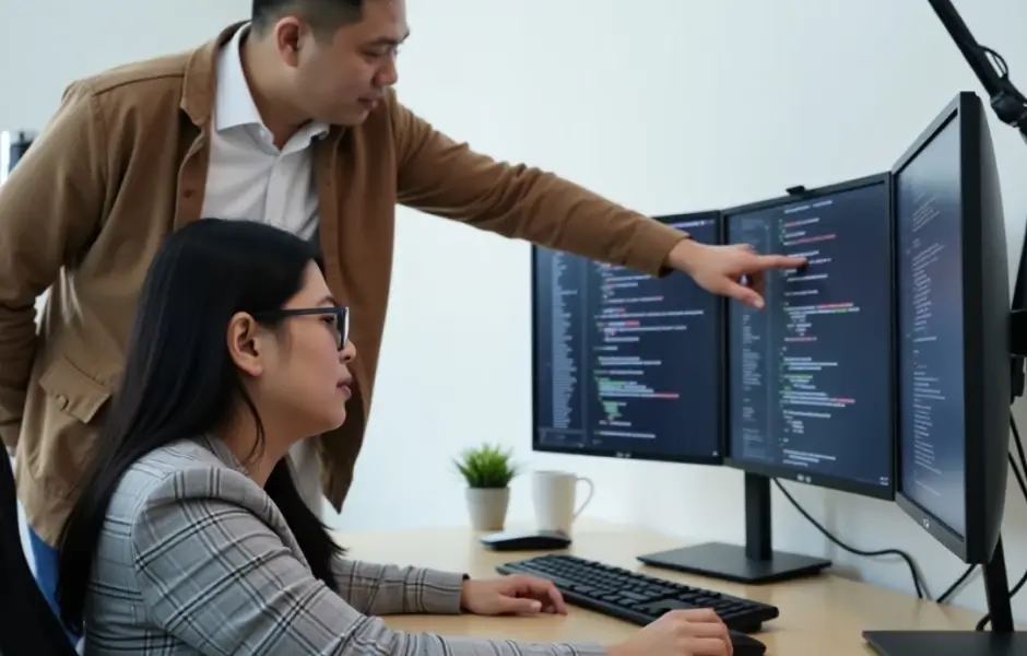 A guide offers their hand to help a developer cross a raging river from rigid legacy systems to vibrant Python innovation.