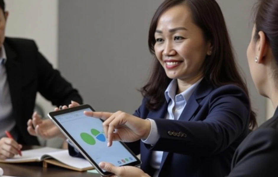 A project manager presenting data-driven insights from mobile initiatives to a client to quantify strategic consulting gains.