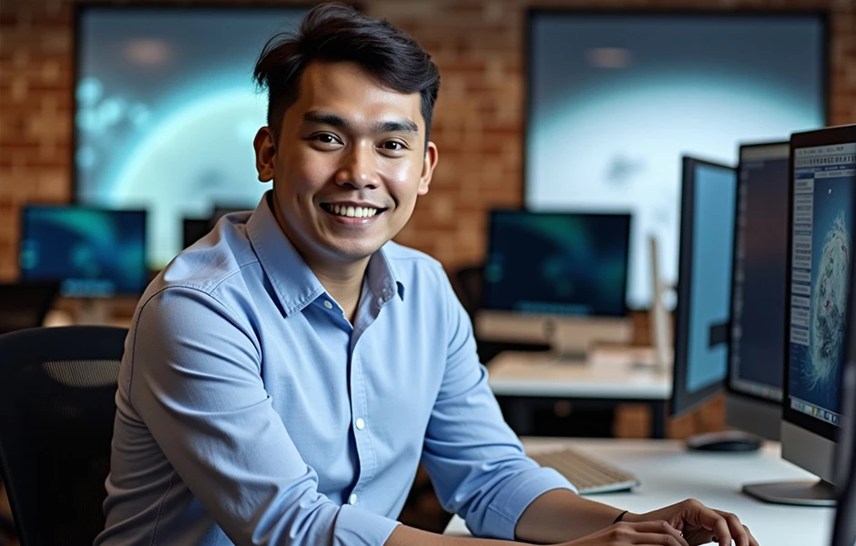 A software developer showing a client examples of strategic mobile consulting results like increased efficiency and revenue.