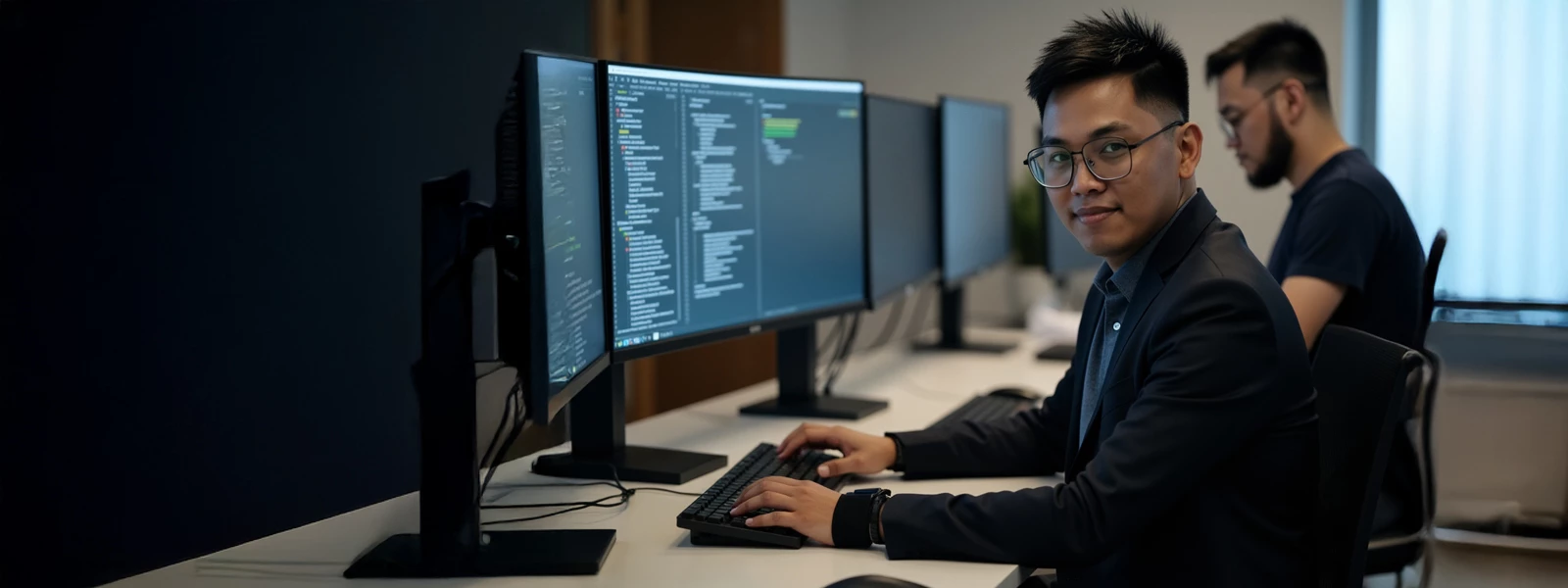 A programmer typing Python code on a laptop as his team transitions from legacy systems to Python for innovation.
