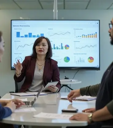 IT project management outsourcing meeting with team reviewing data and performance charts