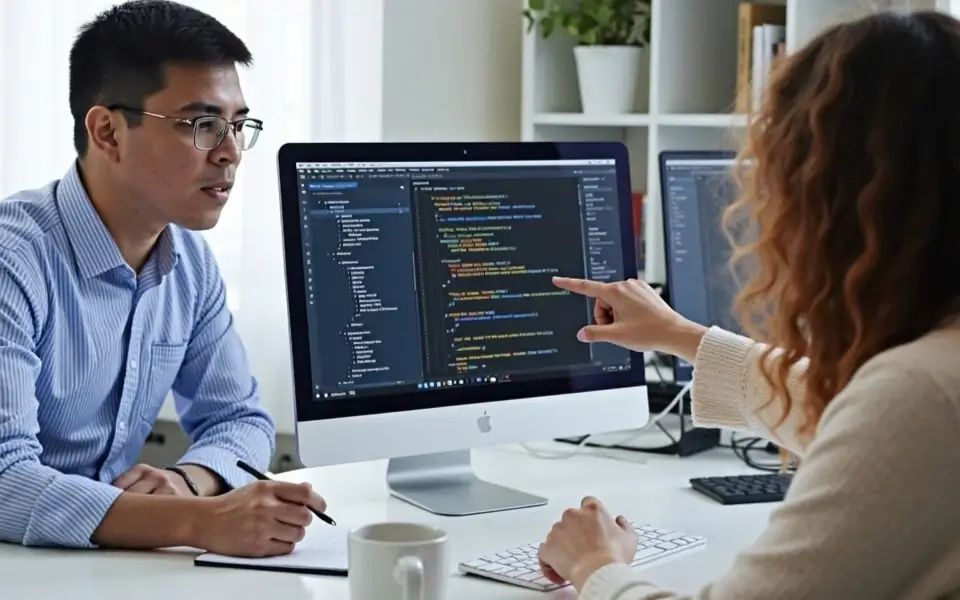 Project manager and client discussing metrics and how carefully tracking benefits proves refactoring improves code quality.