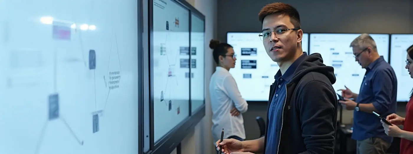 A programmer typing Python code on a laptop as his team transitions from legacy systems to Python for innovation.