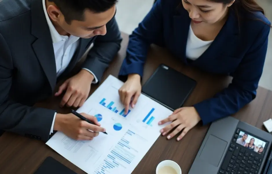 A developer shows metrics on a screen proving Python adoption success to a software development company executive.