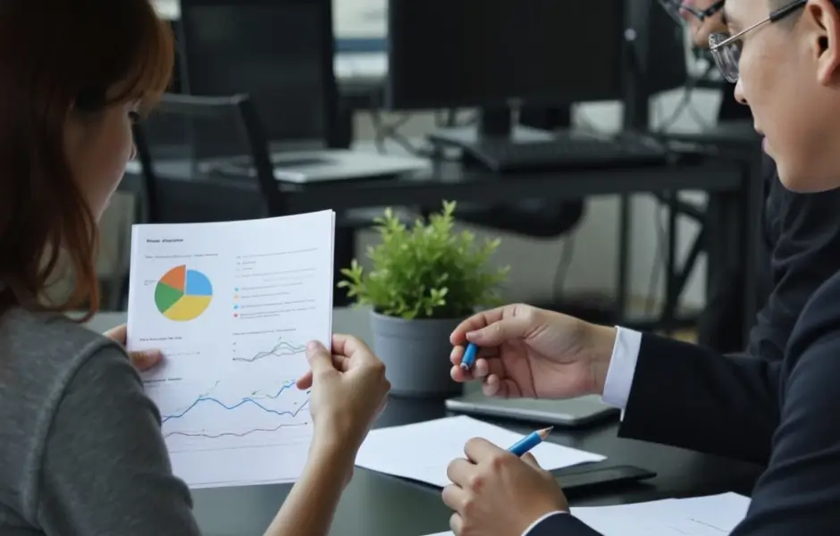 A project manager and developer examine a diagram showing systems integrated by Python to meet digital transformation goals.