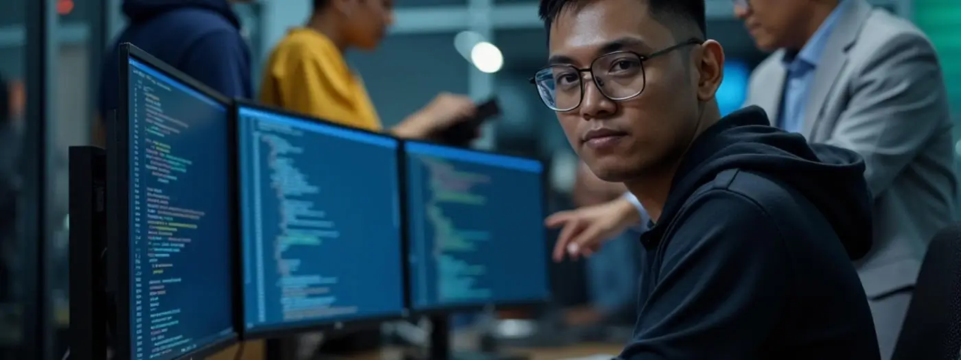 A programmer typing Python code on a laptop as his team transitions from legacy systems to Python for innovation.