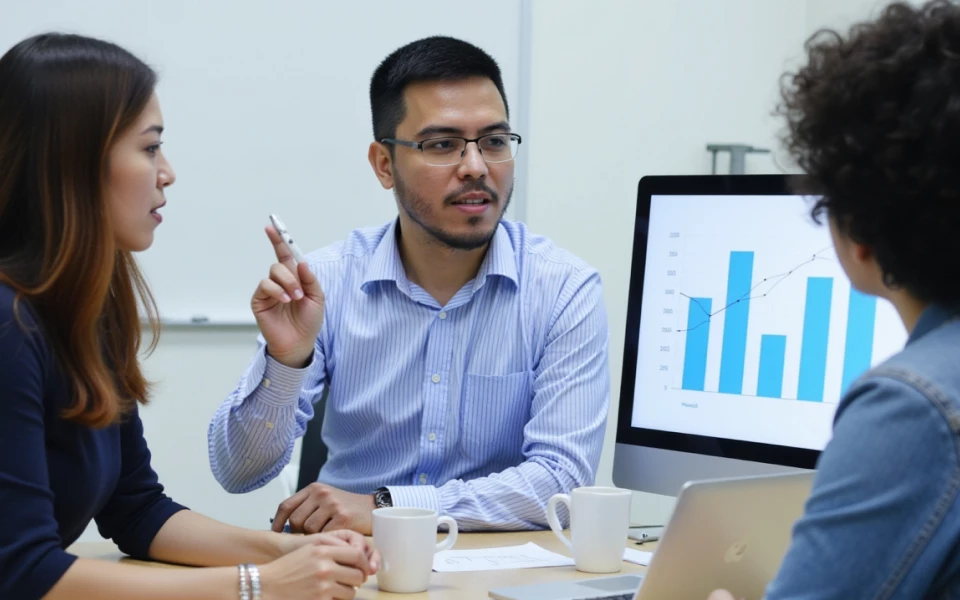 A VB modernization project manager reviews critical monitoring metrics like feature delivery and user feedback with a client.