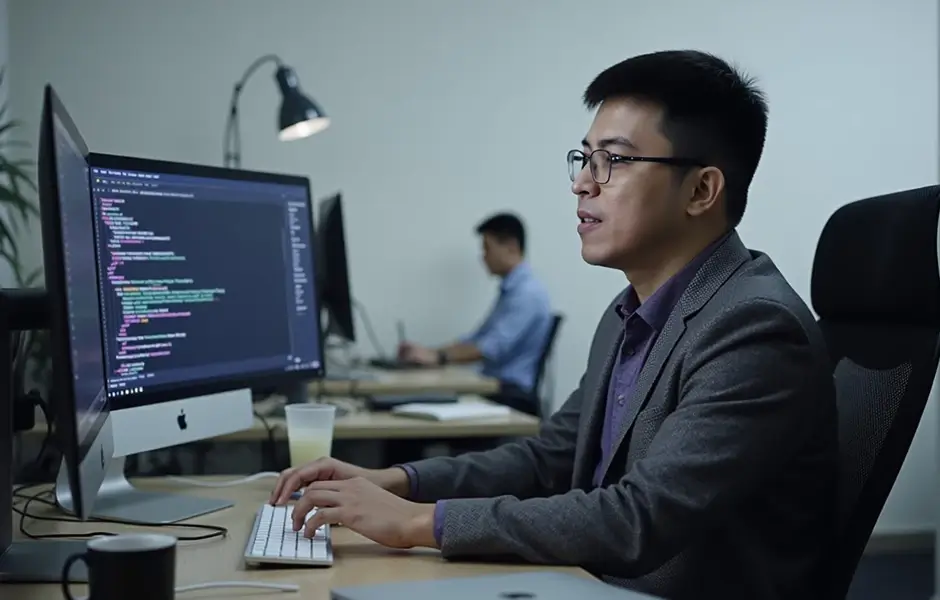 Cambria programmer implementing security protocols throughout the web development process to protect sensitive data.