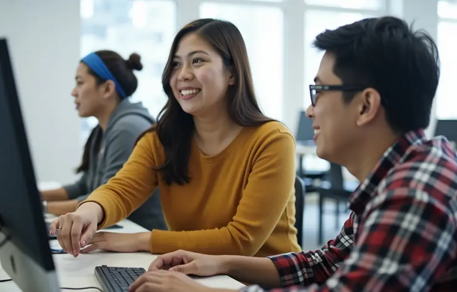 Happy people in the office depicting growth enabled by outsourcing.