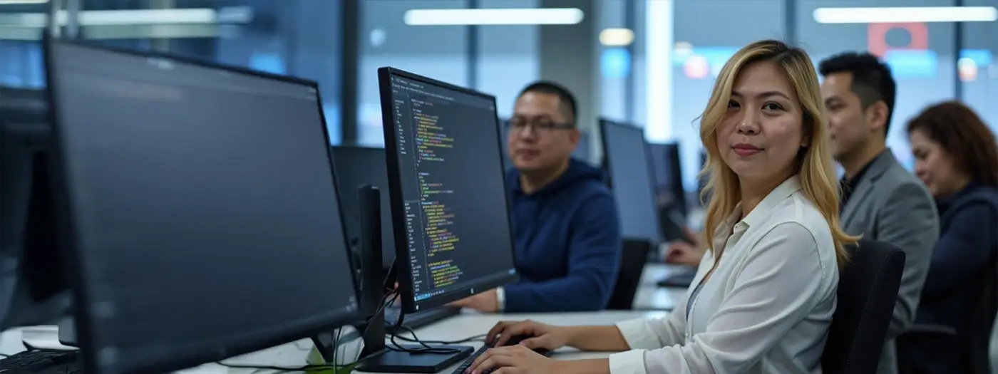 A programmer typing Python code on a laptop as his team transitions from legacy systems to Python for innovation.