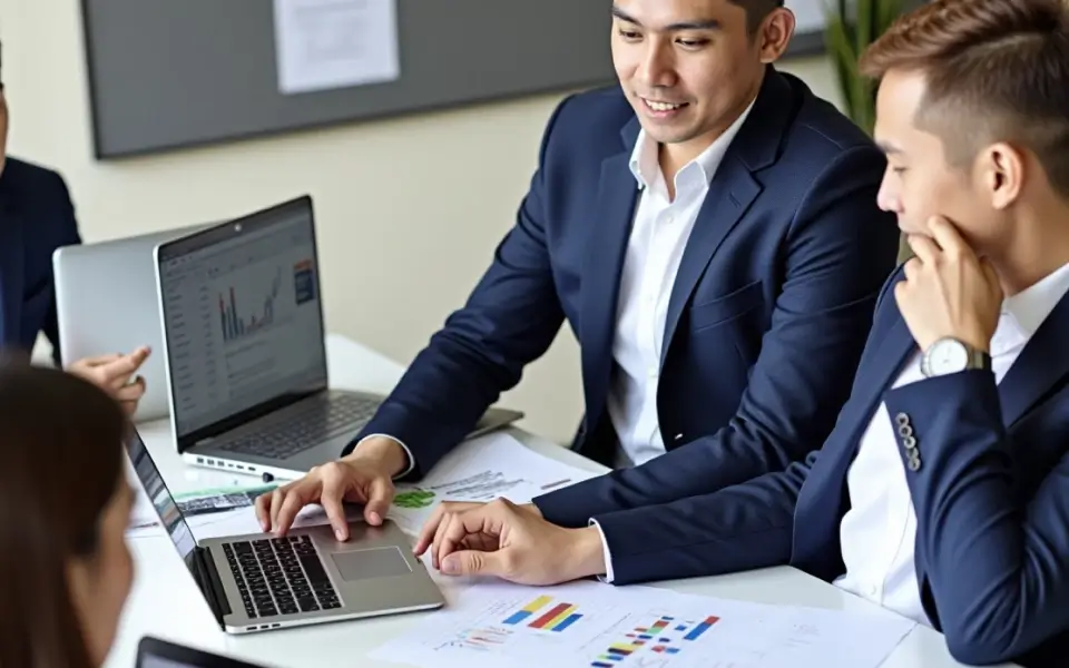 A project manager explaining website analytics to a client to precisely measure the impact of their new custom website.